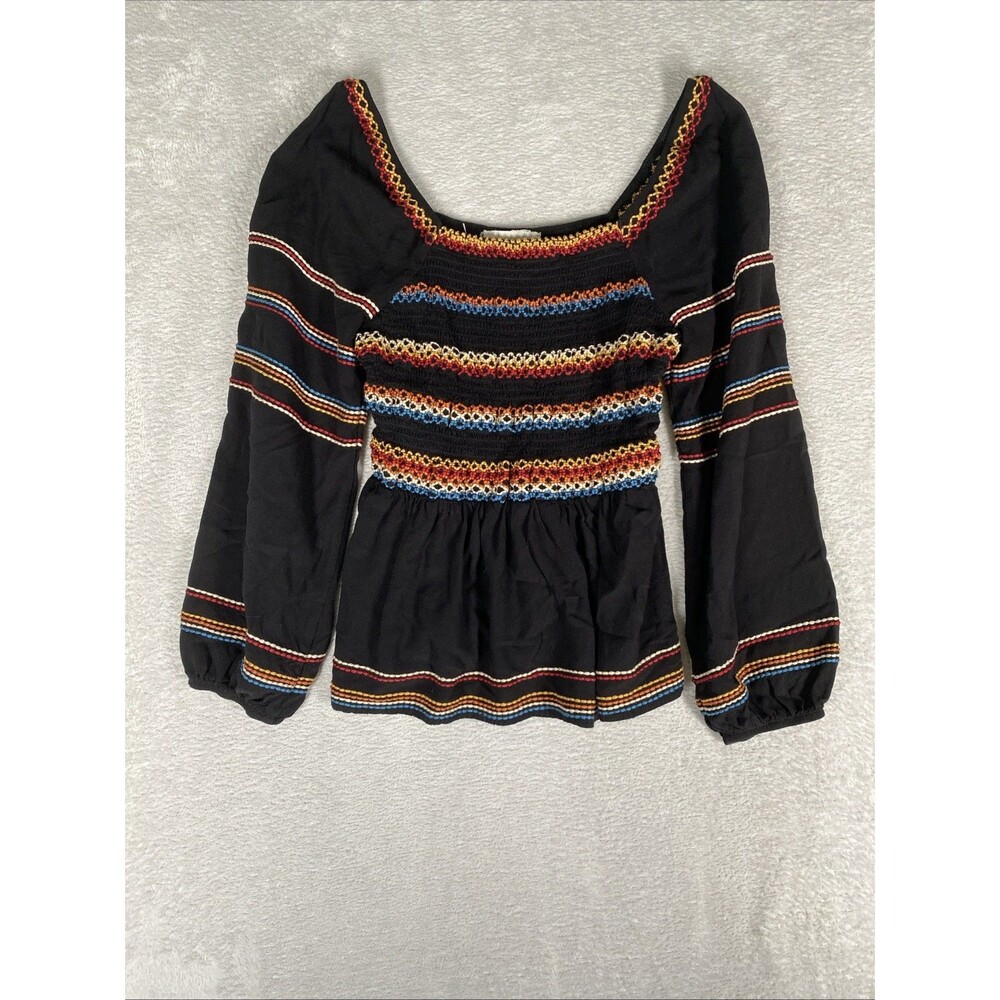 Savannah Jane Smocked Babydoll Peasant Top Women's Small Black Boho Festival